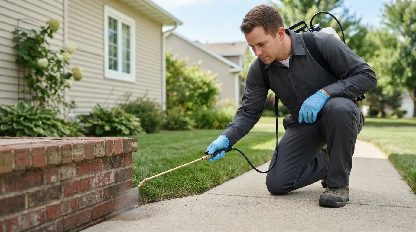 Pest control technician treating a home near Russell, IL