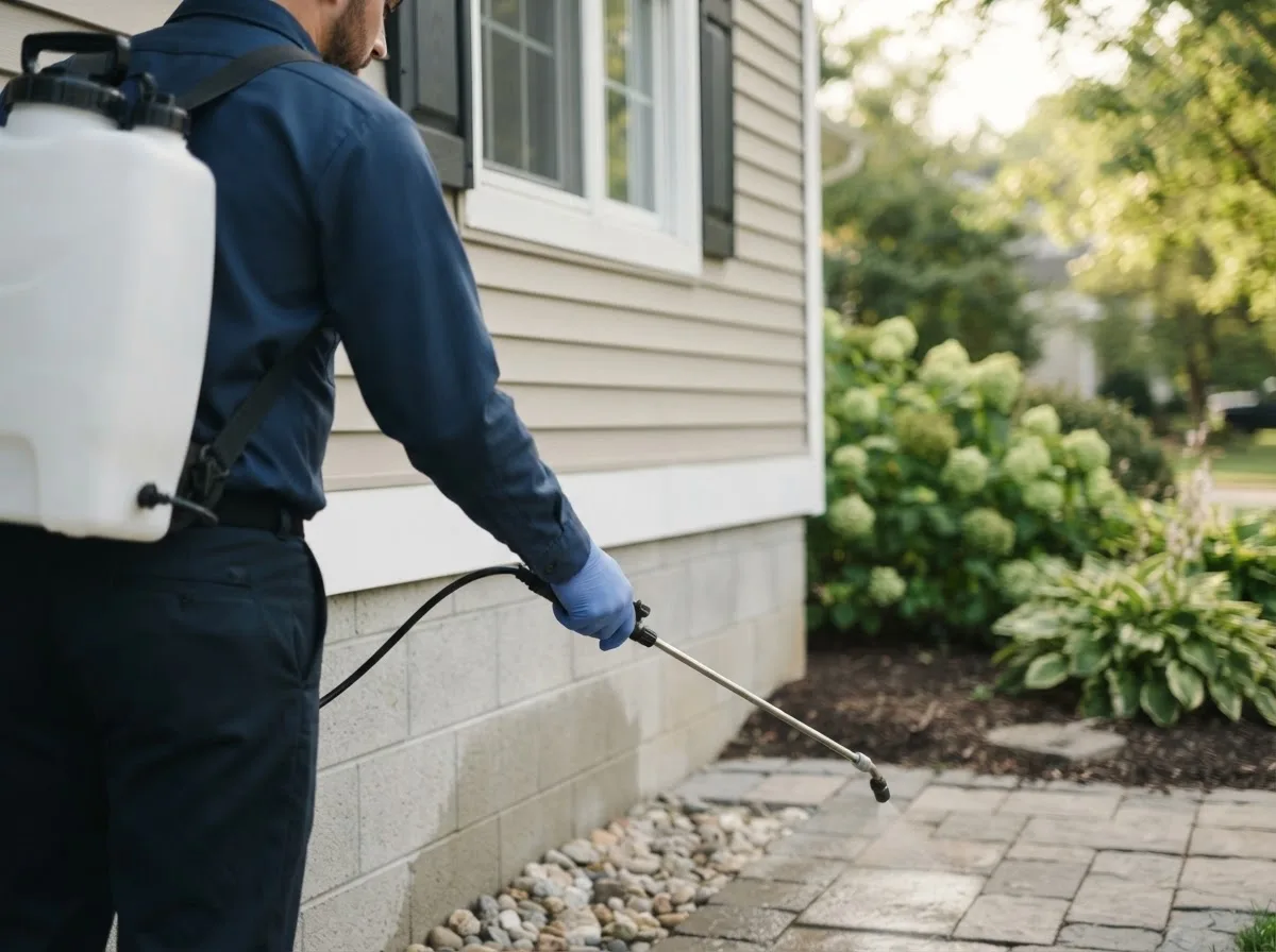 Pest control technician inspecting a home in Russell, IL